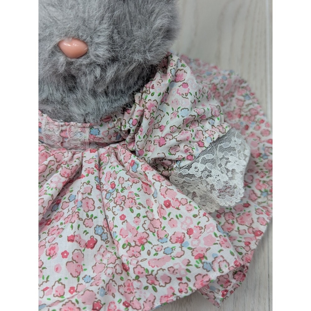 Easter Pets Grey Bunny Plush Stuffed Animal Pink Floral Dress vintage - Picture 8 of 9